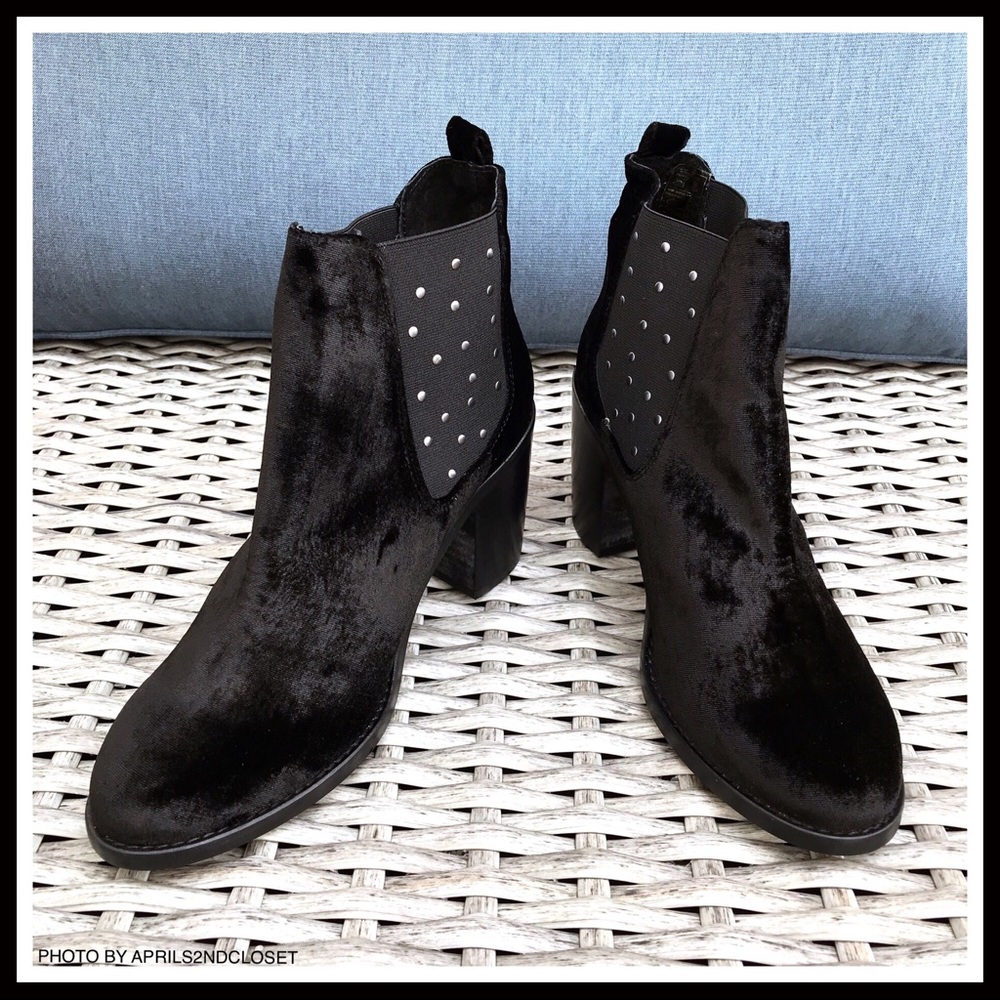 BLACK ANKLE BOOTIES MOTO STUD BLOCK HEEL BOOTS A3C - Picture 6 of 8
